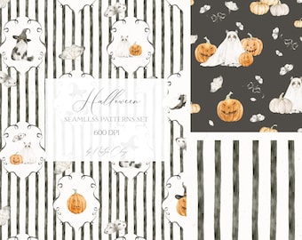 May include: Halloween seamless pattern set with black and white striped backgrounds. The set includes illustrations of pumpkins, cats, ghosts, and butterflies. The text "Halloween Seamless Patterns Set" is displayed in the center.