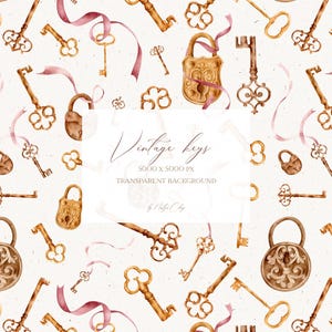 May include: A seamless pattern featuring vintage keys and locks in gold and brown tones, with pink ribbons on a white background. The text "Vintage Keys" is in the center of the image.