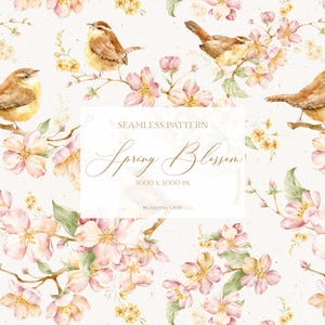 Appelbloesem bloemmotief met vogelelementen, lente aquarel patroon met vogels, digitale instant download, inrichting kinderkamer, scrapbooking