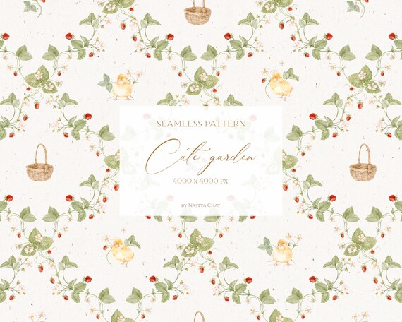 Watercolor Baby Chicks Seamless Pattern: Strawberry Cottagecore (PNG, JPEG)