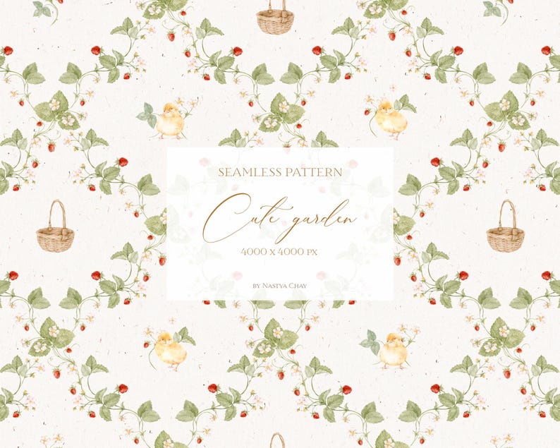 May include: A seamless pattern featuring a cute garden scene with white flowers, green leaves, red strawberries, yellow chicks, and brown baskets. The text "Cute garden" is displayed in the center of the pattern.