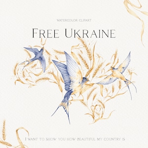 Clipart ukrainien aquarelle, priez pour l'Ukraine, épis de blé aquarelle, hirondelles aquarelles, collection ukrainienne, tridents ukrainiens