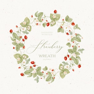 Clipart Couronne de fraises aquarelle, cadre botanique d'été, bordure de fraises des bois peinte à la main, Couronne de fleurs PNG, Sublimation PNG