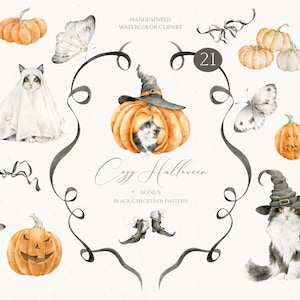 May include: A watercolour illustration with Halloween themes. It features pumpkins, cats in costumes, butterflies, and witch hats. The text "Cozy Halloween" is visible. The artwork has a soft, hand-painted style with a neutral background.