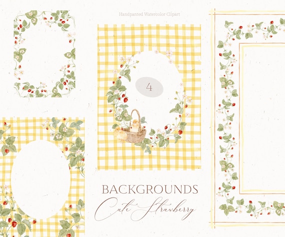 Strawberry Clipart Backgrounds: Watercolor Farm Chick, Yellow Checkered Frames (600 DPI JPEG)