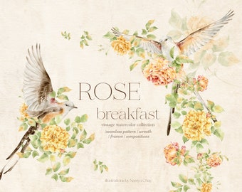 Watercolor Roses Clipart: Vintage Floral & Bird Graphics (Digital Download)