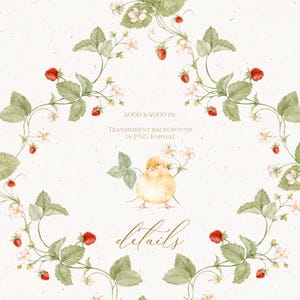 May include: A seamless pattern featuring watercolor illustrations of delicate white flowers and red strawberries on green vines. A small yellow chick is in the center of the design. The background is white with a subtle texture.