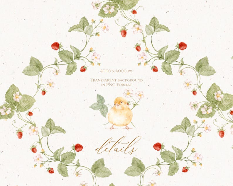 May include: A seamless pattern featuring watercolor illustrations of delicate white flowers and red strawberries on green vines. A small yellow chick is in the center of the design. The background is white with a subtle texture.