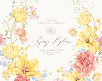 Clipart de flores de primavera em aquarela: buquês de flores, guirlandas (PNG)