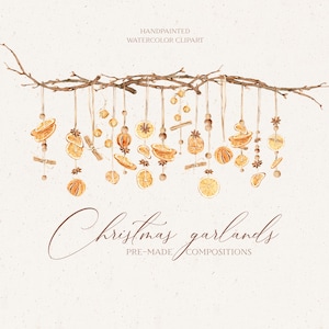12 Watercolor Christmas Garland Clipart, Winter Decor Clipart, Christmas Ornament png, Watercolor Spices png: orange slices, cinnamon, anise
