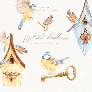 Aquarelle de nichoirs Clipart, clipart hiver, clipart seins, joyeuses fêtes carte de voeux PNG, aquarelle hiver PNG, neige fond PNG