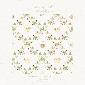 May include: A seamless pattern featuring a repeating design of strawberry vines, small white flowers, red strawberries, and yellow chicks. The background is a light cream color with a subtle texture.