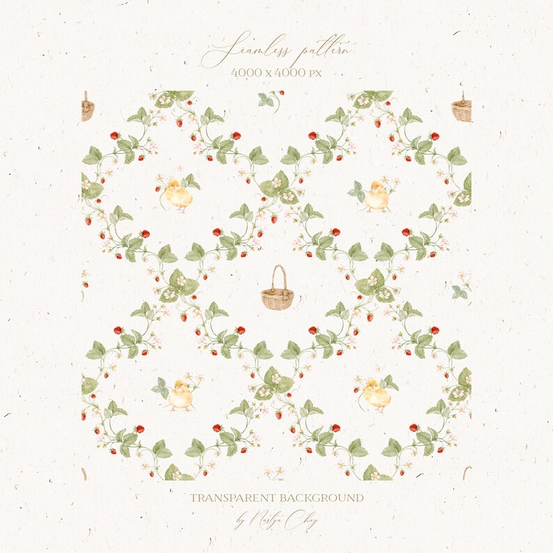 May include: A seamless pattern featuring a repeating design of strawberry vines, small white flowers, red strawberries, and yellow chicks. The background is a light cream color with a subtle texture.
