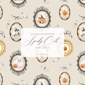 May include: A seamless pattern with watercolour illustrations of pumpkins, cats in witch hats, and butterflies. The design includes framed portraits with gold and silver accents, set against a beige background. The text "Spooky Cats" is also present.