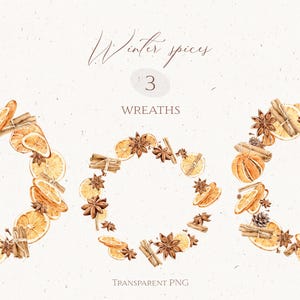 Winter Spice Wreath Clipart, Dried Orange and Cinnamon, Watercolor Wreath PNG, Cozy Holiday Clip Art for Cards, Packaging, Scrapbook