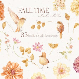 Op de afbeelding: Waterverfillustratie van herfstbladeren, bloemen en vogels. De illustratie bevat bladeren, bloemen en vogels in tinten bruin, geel, oranje, roze en wit. De tekst "FALL TIME watercolor collection 33 individual elements" is opgenomen in de afbeelding.