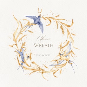 Puede incluir: Una corona de acuarela con tallos de trigo y pájaros azules. La corona tiene forma circular y los pájaros vuelan en direcciones opuestas. El texto "Ukraine Wreath PNG, 600DPI!" está escrito en el centro de la corona.