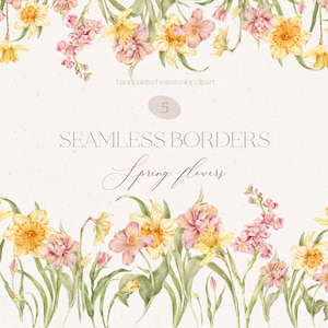 Aquarel lentebloemen clipart naadloze rand aquarel bloemen delicate tulp gele narcissen bruiloft uitnodiging kaart sublimatie png