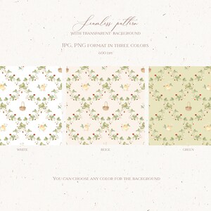 May include: Seamless pattern with a basket of strawberries, green leaves, and red berries on a white, beige, and green background. The text "Fearless pattern" is at the top of the image. The text "WITH TRANSPARENT BACKGROUND" is below the first line of text. The text "JPG, PNG FORMAT IN THREE COLORS" is below the second line of text. The text "600 DPI" is below the third line of text. The text "YOU CAN CHOOSE ANY COLOR FOR THE BACKGROUND" is at the bottom of the image.