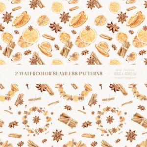 2 Winter Seamless Patterns PNG, Pattern of Dried Citrus and Spices, Digital Scrapbook Papers, Winter Spice Ornaments Clipart, Cinnamon PNG