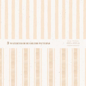 Può includere: Tre motivi a righe beige e bianche senza cuciture in acquerello. I motivi sono di 4000 x 4000 pixel e sono in formato PNG con uno sfondo trasparente.