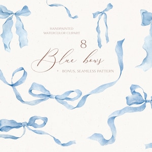 Vintage Aquarell Blau Bögen und Bänder Clipart Urlaub Digital Baby Shower Dekor Hochzeitseinladung PNG Aquarell karierten Hintergrund