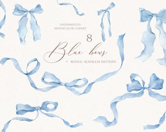 Watercolor Blue Bow Clipart: Ribbons & Checkered Pattern (Digital Download)