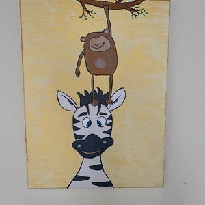 Acrylic on Canvas - Painting for Nursery - Gold Background - Original - Zebra and Monkey Painting - Cute Animals for Nursery