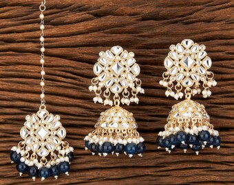 Blue gold kundan earrings tikka set, Indo Western Classic Earring Tikka With Gold Plating