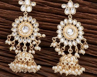 Gold Pearl Polki kundan Indo Western Jhumki With Gold Plating, IndianPolki jhumka earring, Pakistani earrings, Punjabi earrings, Bridal