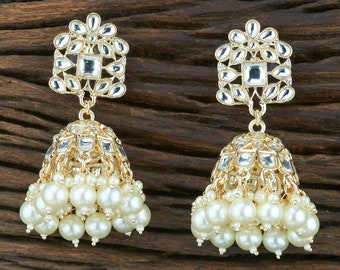 White Pearl kundan Indo Western Jhumki With Gold Plating, Indian Kundan jhumka earrings