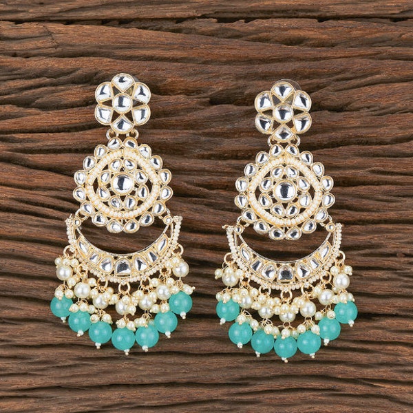 Aqua Blue Indo Western Chand Earring With Gold Plating, Indian Kundan Long earrings