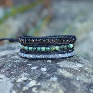 Moss - gemstone 3 Wrap Leather Bracelet w/ black leather and gemstone beads: Labradorite, African Turquoise, and Smoky Quartz