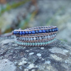 Rainforest - gemstone 3 Wrap Leather Bracelet w/ gray leather and gemstone beads: Lapis, Labradorite, and Aventurine