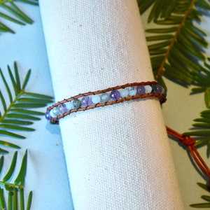 Calm Gemstone 1 Wrap Leather Bracelet w/  Amethyst, Aquamarine, and Moss Agate beads and brown leather