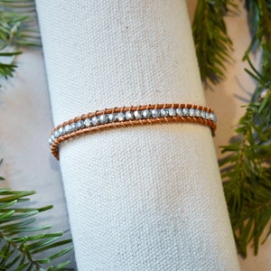 Copper & Silver 1 Wrap Leather Bracelet w/ silver glass beads and metallic Copper leather
