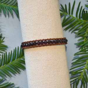 Garnet Gemstone 1 Wrap Leather Bracelet w/ gemstones and light brown leather