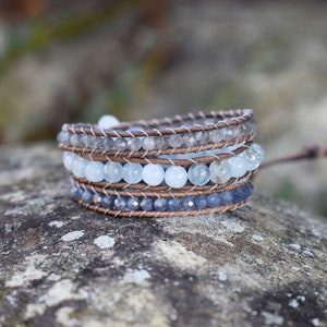 Glacier - gemstone 3 Wrap Leather Bracelet w/ gray leather and gemstone beads: Labradorite, Aquamarine, and Sapphire