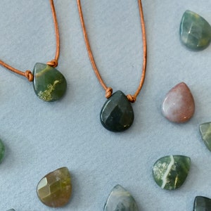 Fancy Jasper Gemstone Pendant Necklace with Light Brown Leather