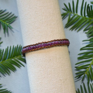Ruby Gemstone 1 Wrap Leather Bracelet w/ gemstones and light brown leather