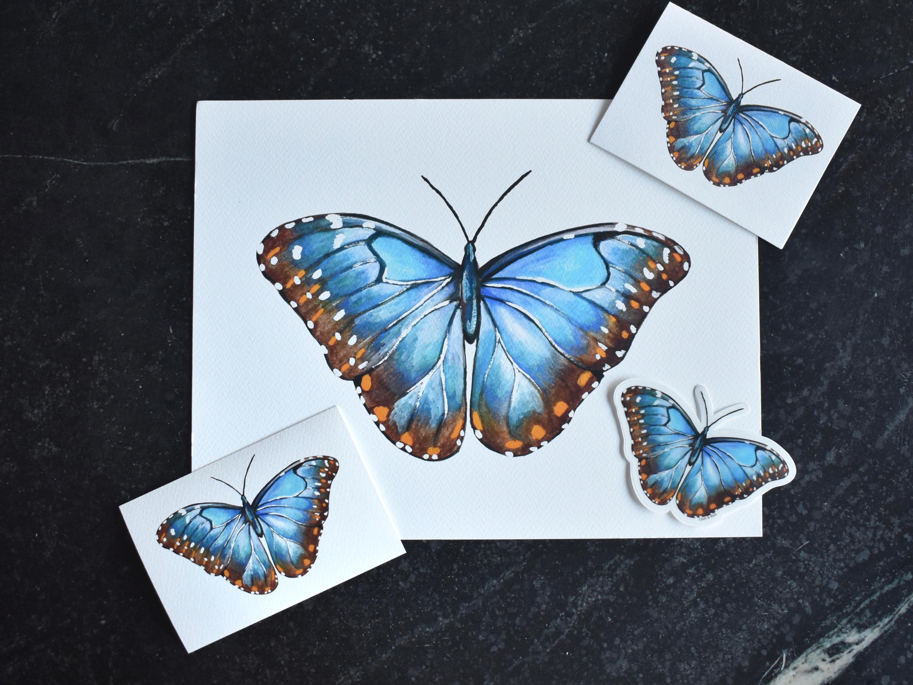 ブルーモルフォ蝶の水彩画プリント、4x6と11x14 - Etsy 日本