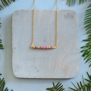 Rhodonite Gemstone Gold Necklace with 24K Gold Glass Beads