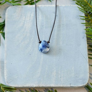 Sodalite Gemstone Pendant Necklace with Brown Leather