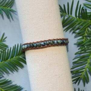 African Turquoise Gemstone 1 Wrap Leather Bracelet w/ gemstones and light brown leather
