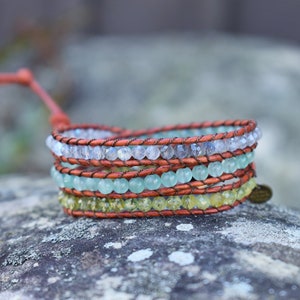 Leaf - gemstone 3 Wrap Leather Bracelet w/ brown leather and gemstone beads: Peridot, Aventurine, and Labradorite