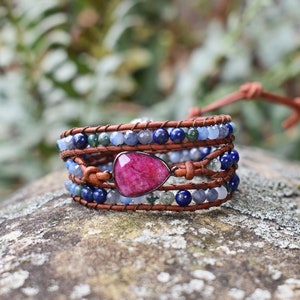 Lake & Ruby Gemstone Pendant 3 Wrap Leather Bracelet w/ brown leather and gemstone beads: Blue Aventurine, Lapis, Moss Agate, and Sapphire