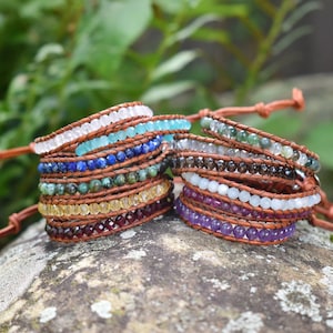 Gemstone and Brown Leather Assorted Wrap Bracelets