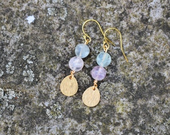 Fluorite Gemstone Earrings with Gold and Brass Metal