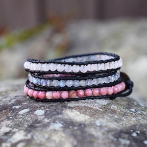 Rose - gemstone 3 Wrap Leather Bracelet w/ black leather and gemstone beads: Rhodonite, Labradorite, and Pink Jade