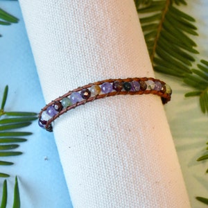 Wholeness Gemstone 1 Wrap Leather Bracelet w/ Amethyst, Garnet, and Fancy Jasper beads and brown leather